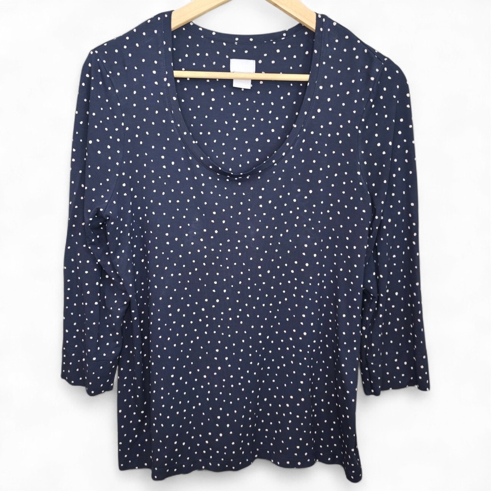 Chicos Top Womens 1 US Medium Navy Blue Polka Dot Scoop Neck Stretch Tee Casual